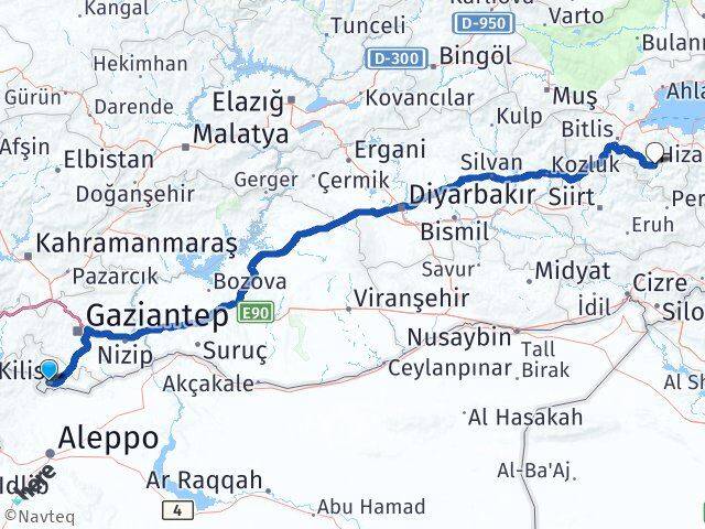 Kilis Hizan Bitlis Arası Kaç Km - Yol Haritası