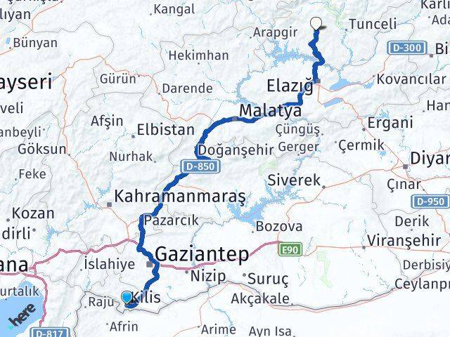 Kilis Hozat Tunceli Arası Kaç Km - Yol Haritası