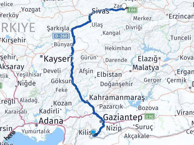 Kilis İmranlı Sivas Arası Kaç Km - Yol Haritası