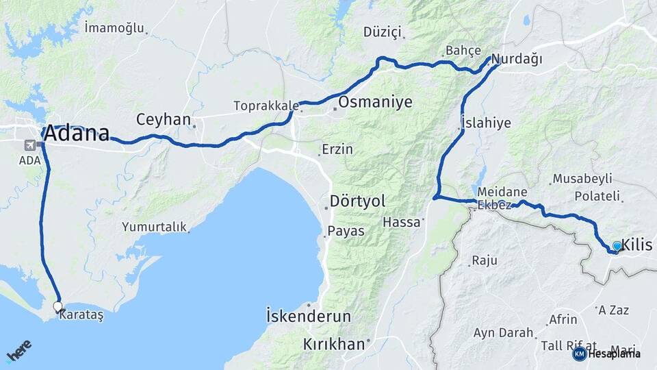 Kilis Karataş Adana Arası Kaç Km - Yol Haritası