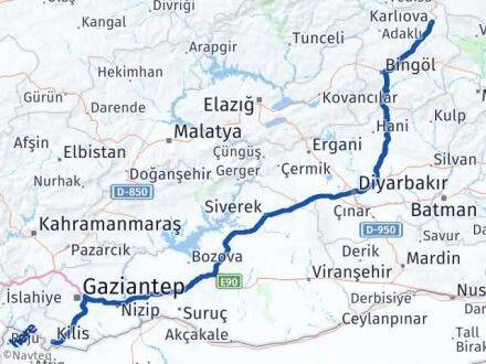 Kilis Karlıova Bingöl Arası Kaç Km - Yol Haritası