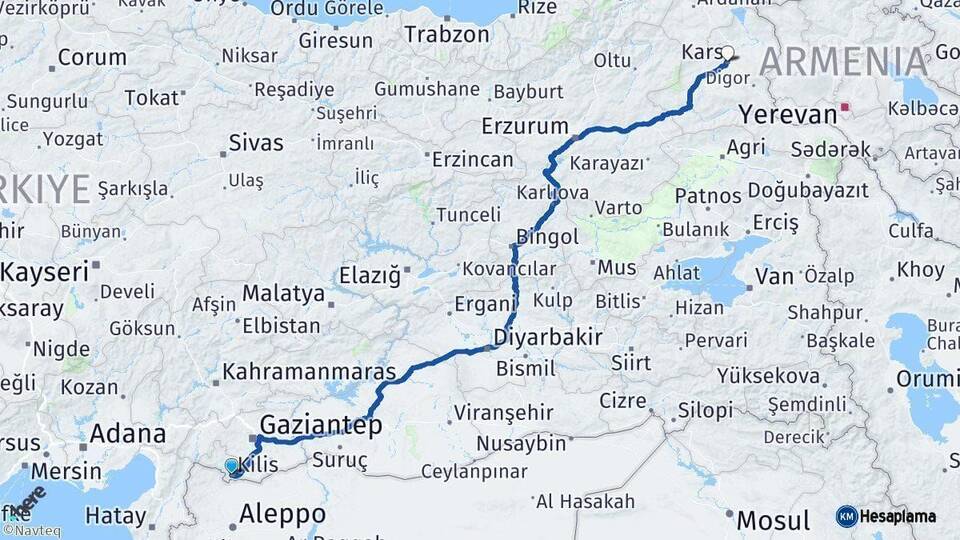 Kilis Kars Arası Kaç Km - Yol Haritası