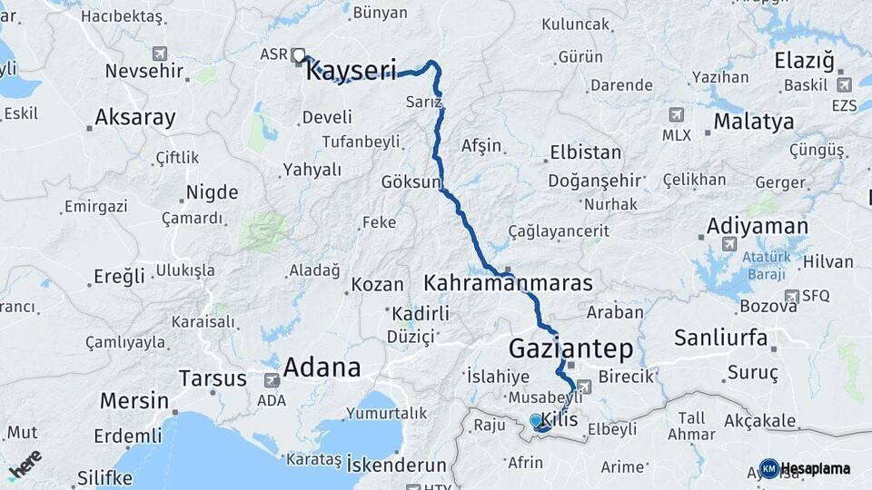 Kilis Kayseri Arası Kaç Km - Yol Haritası