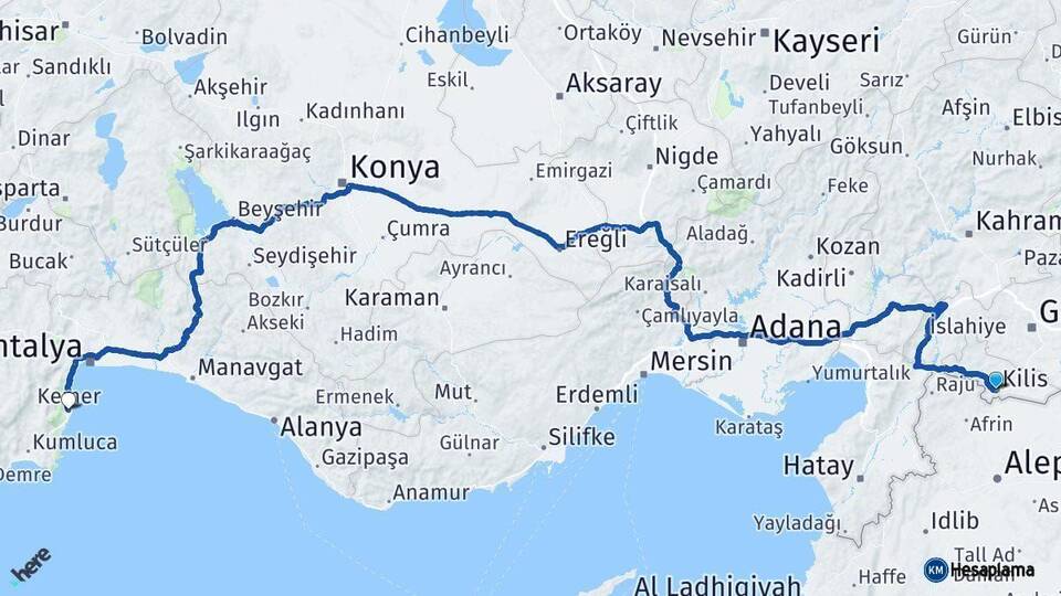 Kilis Kemer Antalya Arası Kaç Km - Yol Haritası