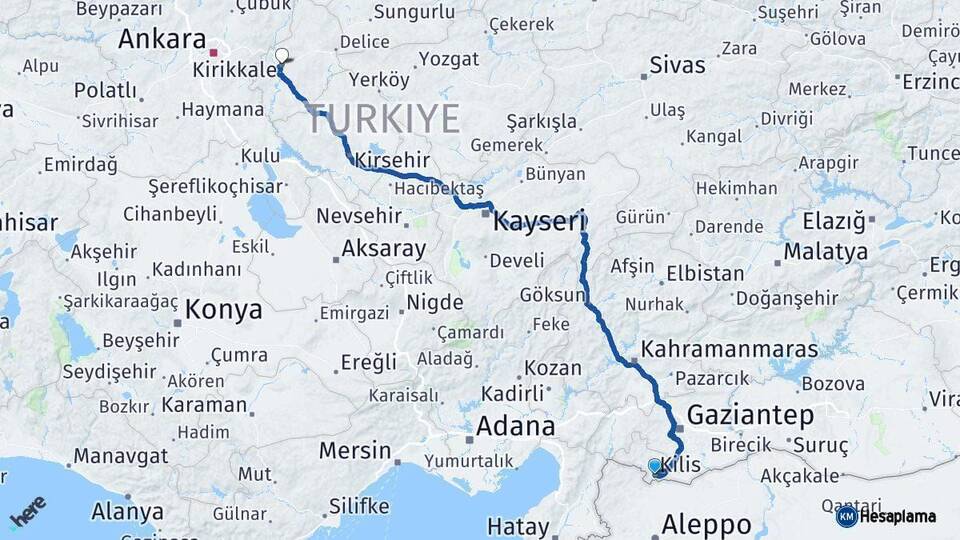 Kilis Kırıkkale Arası Kaç Km - Yol Haritası