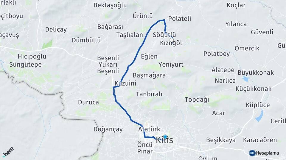 Kilis Kızılgöl Polateli Arası Kaç Km - Yol Haritası