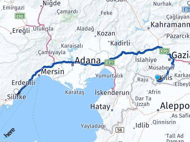 Kilis Kızkalesi Erdemli Mersin Arası Kaç Km - Yol Haritası