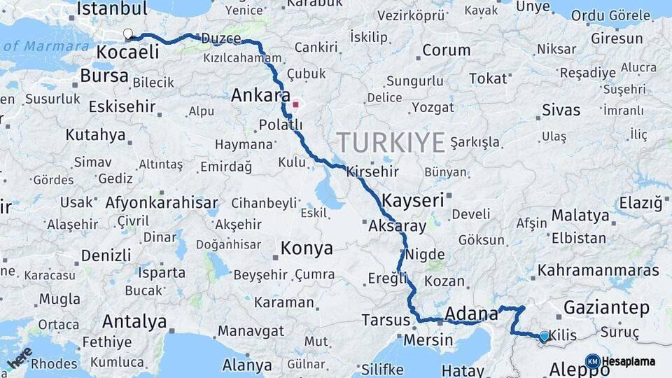Kilis Kocaeli Arası Kaç Km - Yol Haritası