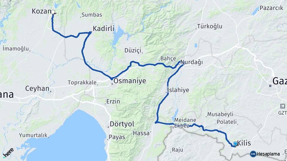 Kilis Kozan Adana Arası Kaç Km - Yol Haritası
