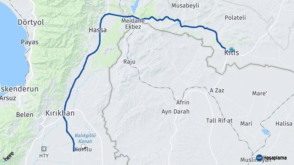 Kilis Kumlu Hatay Arası Kaç Km - Yol Haritası