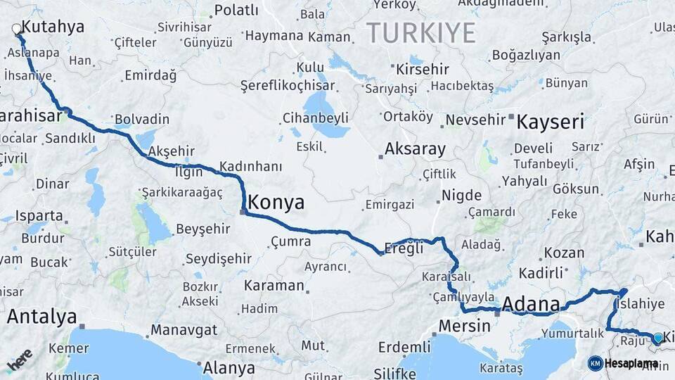 Kilis Kütahya Arası Kaç Km - Yol Haritası