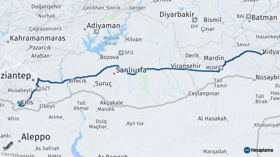 Kilis Midyat Mardin Arası Kaç Km - Yol Haritası