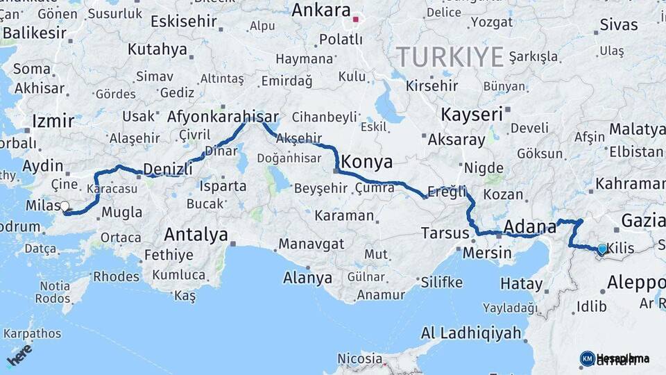 Kilis Milas Muğla Arası Kaç Km - Yol Haritası
