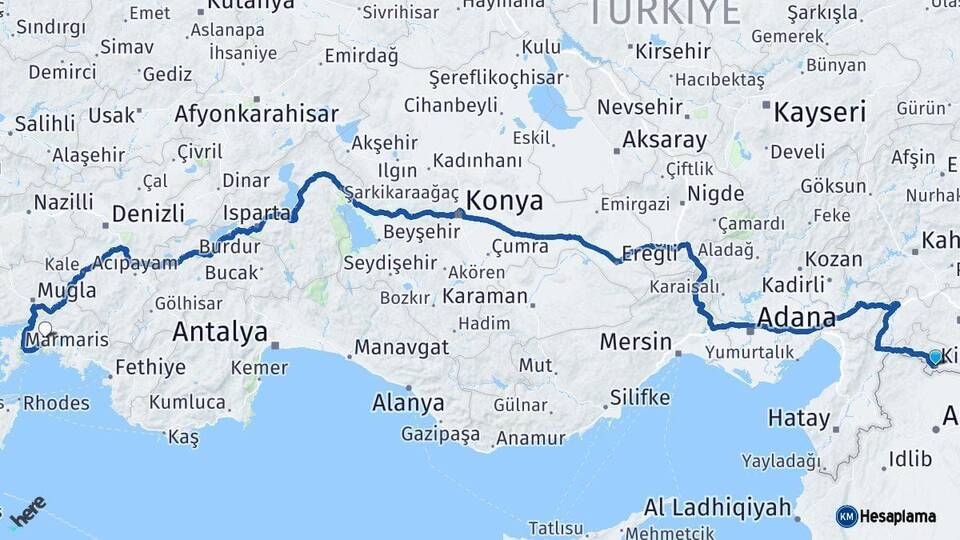 Kilis Muğla Arası Kaç Km - Yol Haritası