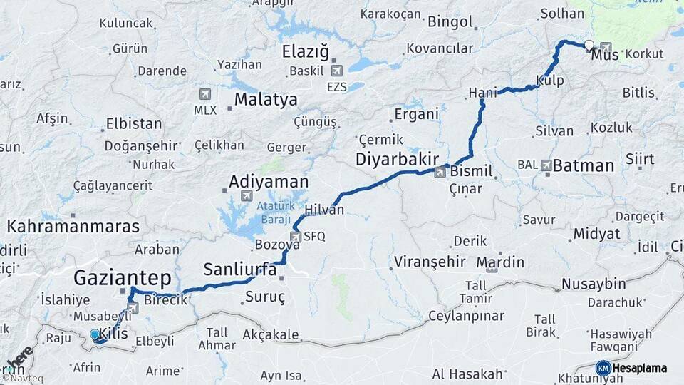 Kilis Muş Arası Kaç Km - Yol Haritası