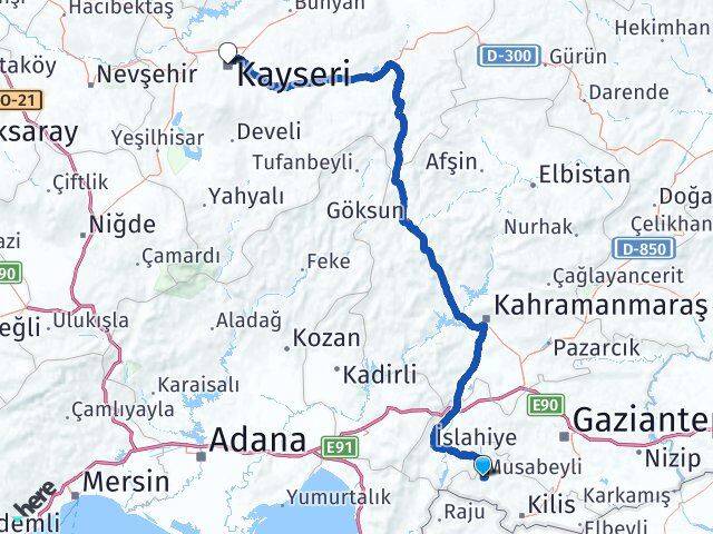 Kilis Musabeyli Kayseri Arası Kaç Km - Yol Haritası