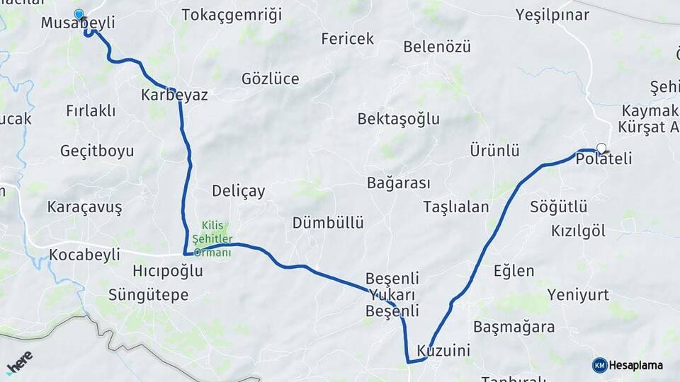 Kilis Musabeyli Polateli Arası Kaç Km - Yol Haritası