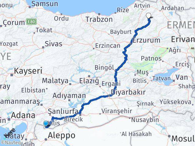 Kilis Olur Erzurum Arası Kaç Km - Yol Haritası