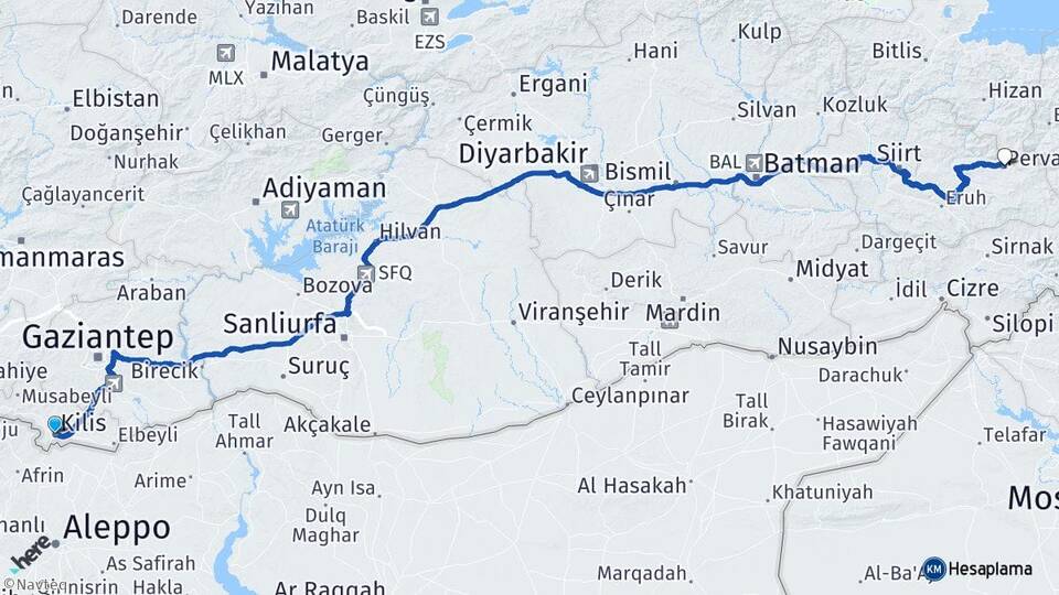 Kilis Pervari Siirt Arası Kaç Km - Yol Haritası