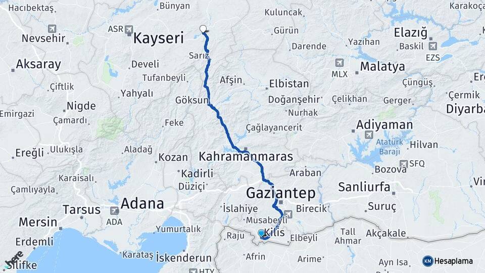 Kilis Pınarbaşı Kayseri Arası Kaç Km - Yol Haritası