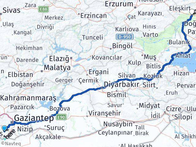Kilis Polateli Ağrı Arası Kaç Km - Yol Haritası
