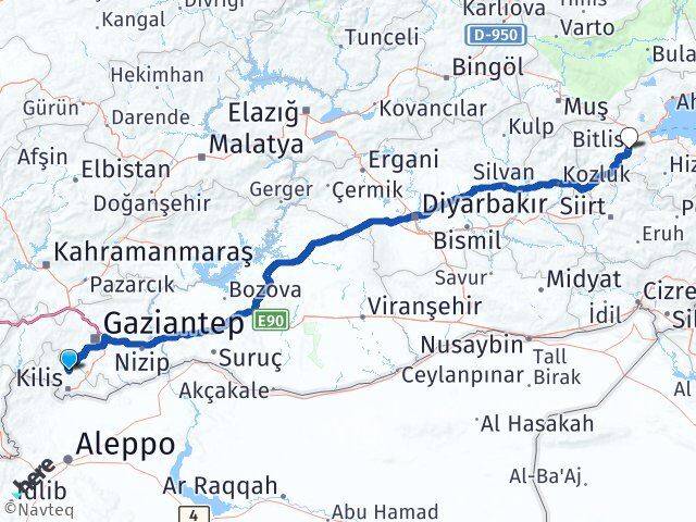 Kilis Polateli Bitlis Arası Kaç Km - Yol Haritası
