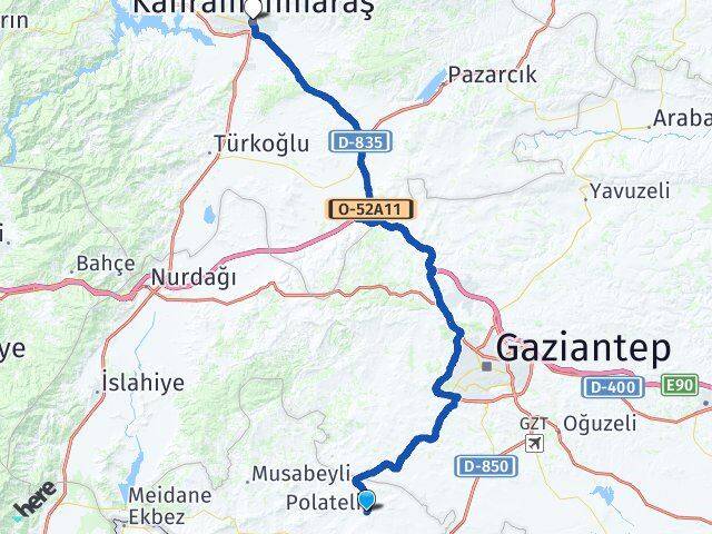 Kilis Polateli Kahramanmaraş Arası Kaç Km - Yol Haritası
