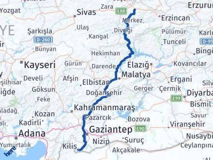 Kilis Refahiye Erzincan Arası Kaç Km - Yol Haritası