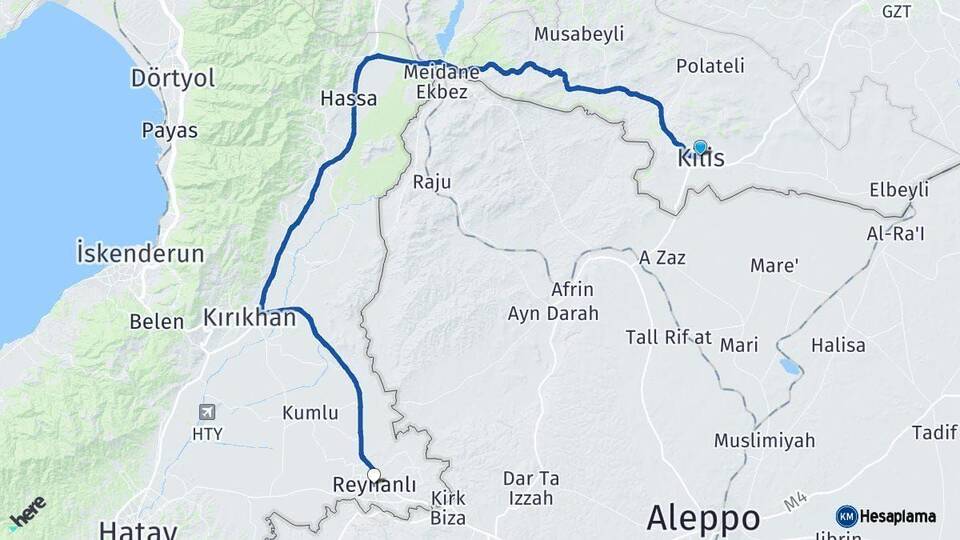 Kilis Reyhanlı Hatay Arası Kaç Km - Yol Haritası