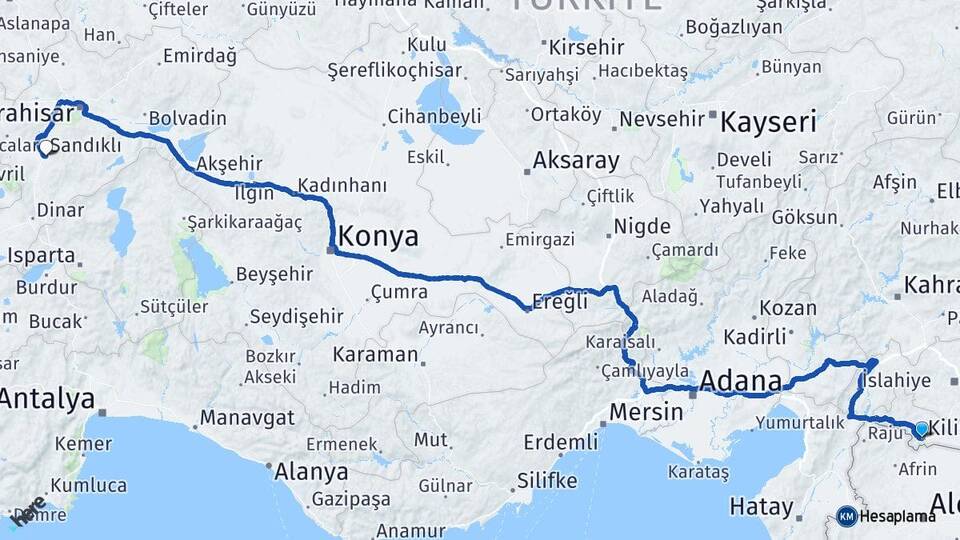 Kilis Sandıklı Afyonkarahisar Arası Kaç Km - Yol Haritası