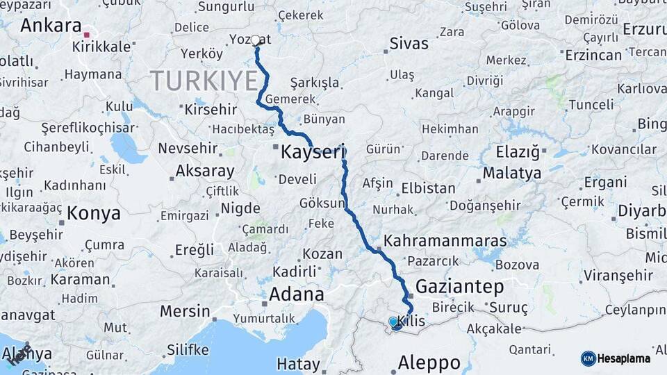 Kilis Sorgun Yozgat Arası Kaç Km - Yol Haritası