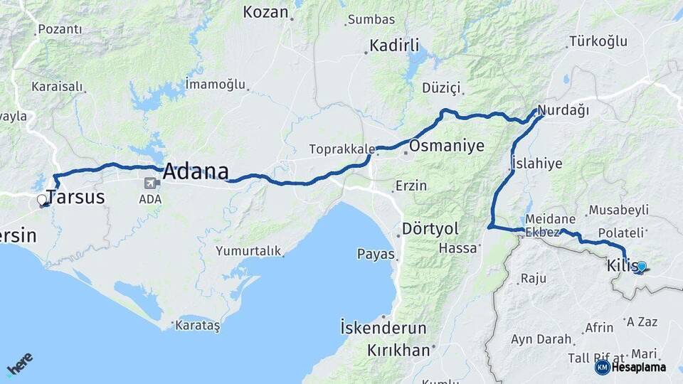 Kilis Tarsus Mersin Arası Kaç Km - Yol Haritası