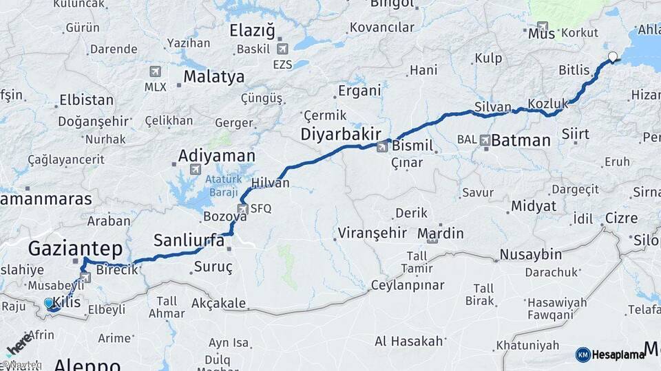 Kilis Tatvan Bitlis Arası Kaç Km - Yol Haritası