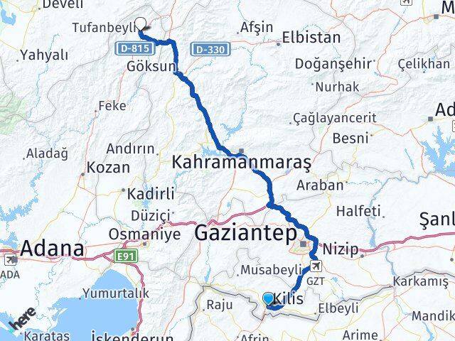 Kilis Tufanbeyli Adana Arası Kaç Km - Yol Haritası