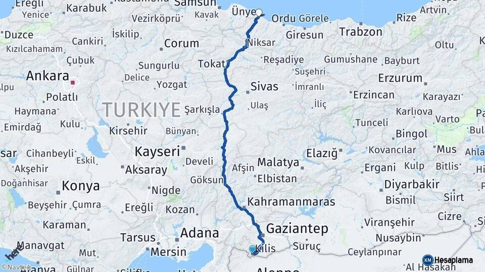 Kilis Ünye Ordu Arası Kaç Km - Yol Haritası