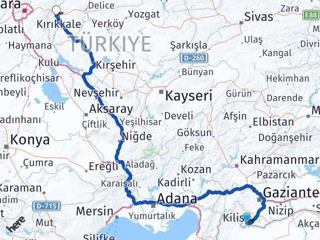 Kilis Yahşihan Kırıkkale Arası Kaç Km - Yol Haritası