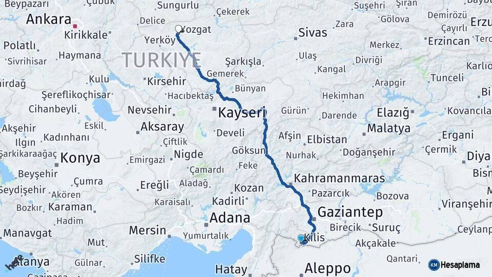 Kilis Yozgat Arası Kaç Km - Yol Haritası
