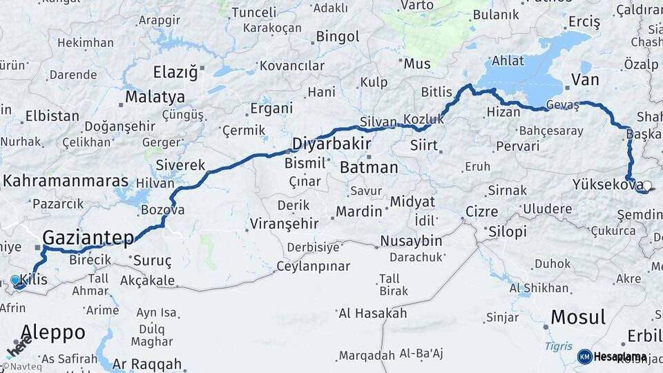 Kilis Yüksekova Hakkari Arası Kaç Km - Yol Haritası