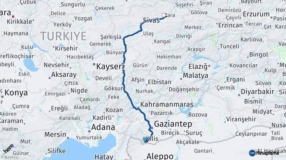 Kilis Zara Sivas Arası Kaç Km - Yol Haritası