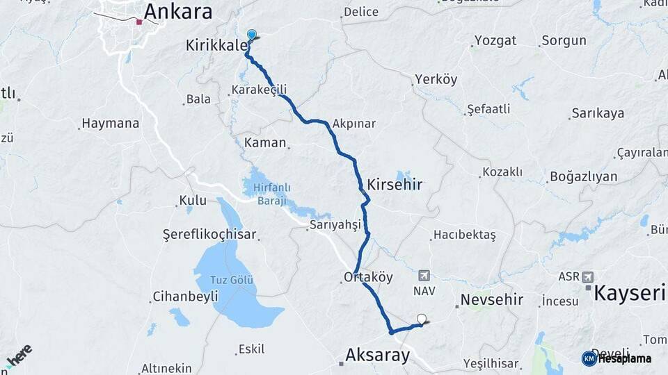 Kırıkkale Acıgöl Nevşehir Arası Kaç Km - Yol Haritası