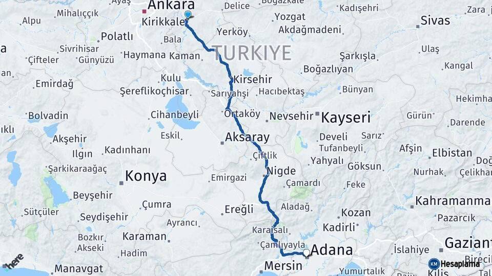 Kırıkkale Adana Arası Kaç Km - Yol Haritası