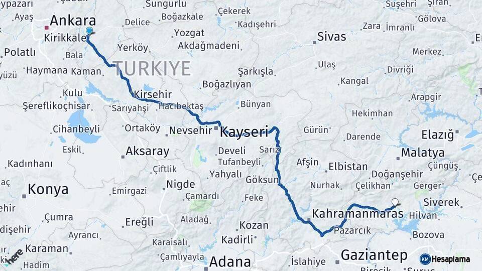 Kırıkkale Adıyaman Arası Kaç Km - Yol Haritası