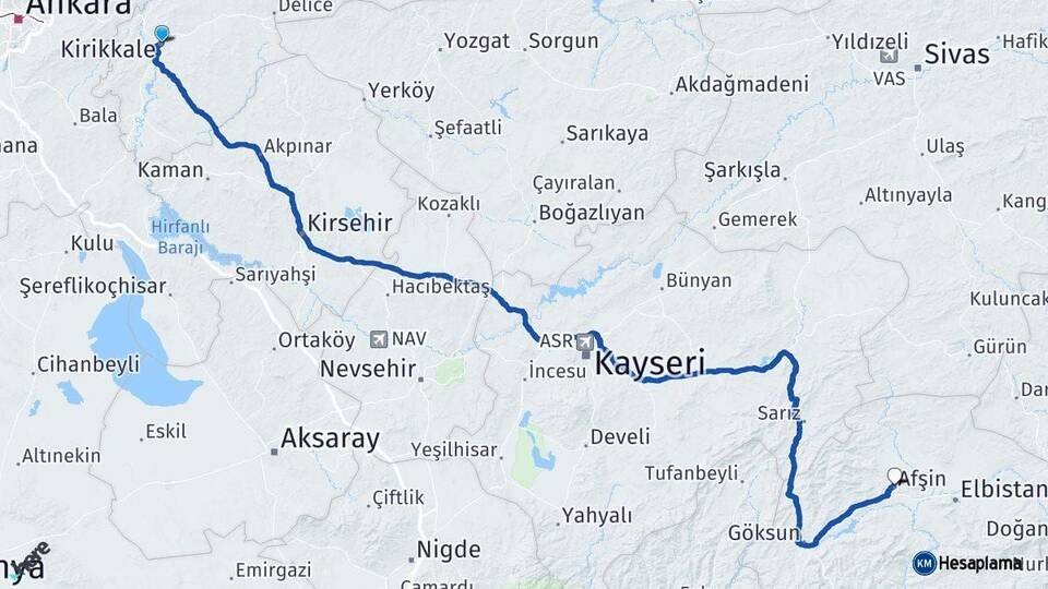 Kırıkkale Afşin Kahramanmaraş Arası Kaç Km - Yol Haritası