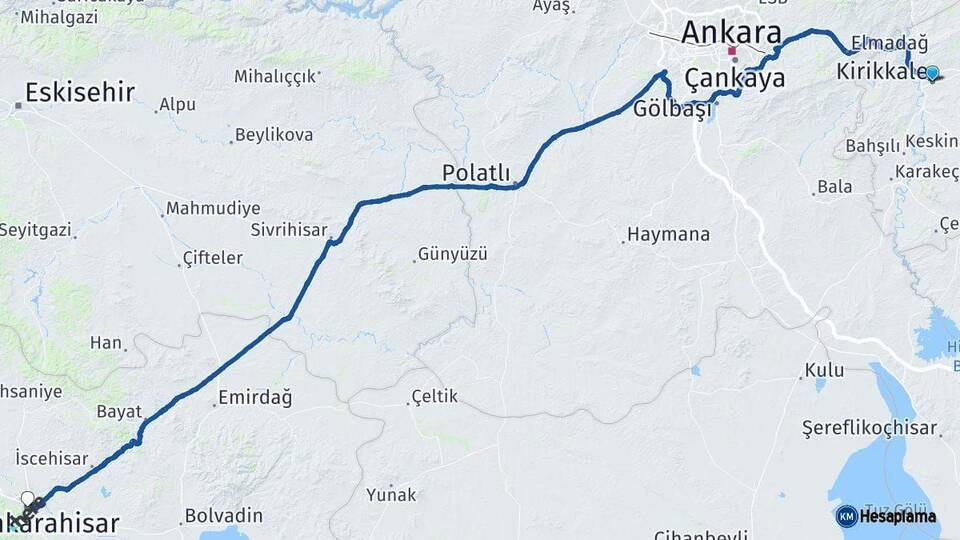 Kırıkkale Afyonkarahisar Arası Kaç Km - Yol Haritası