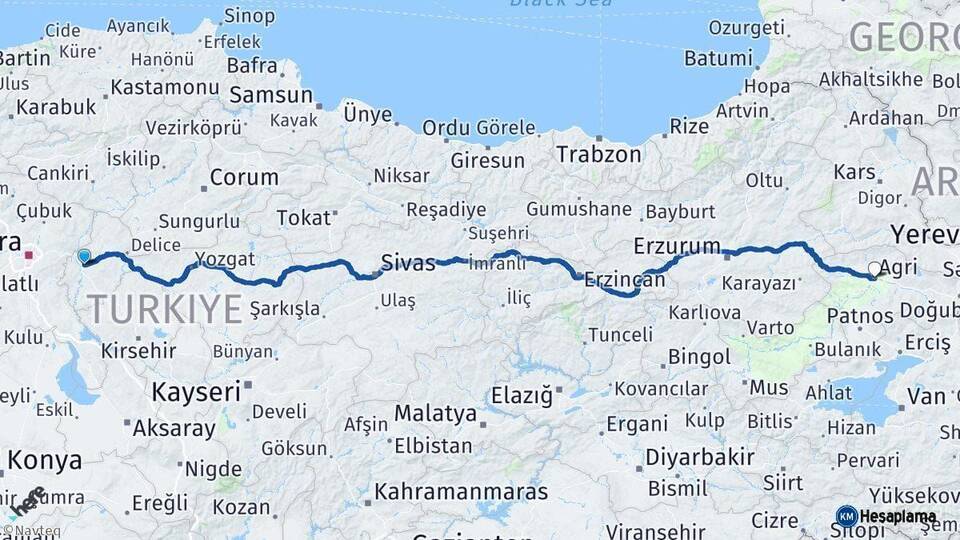 Kırıkkale Ağrı Arası Kaç Km - Yol Haritası