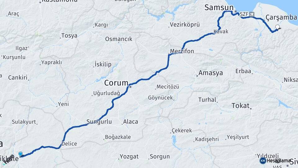 Kırıkkale Akçagün Terme Samsun Arası Kaç Km - Yol Haritası