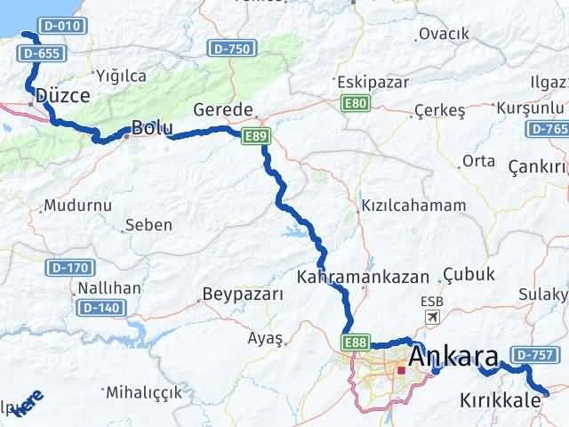 Kırıkkale Akçakoca Düzce Arası Kaç Km - Yol Haritası