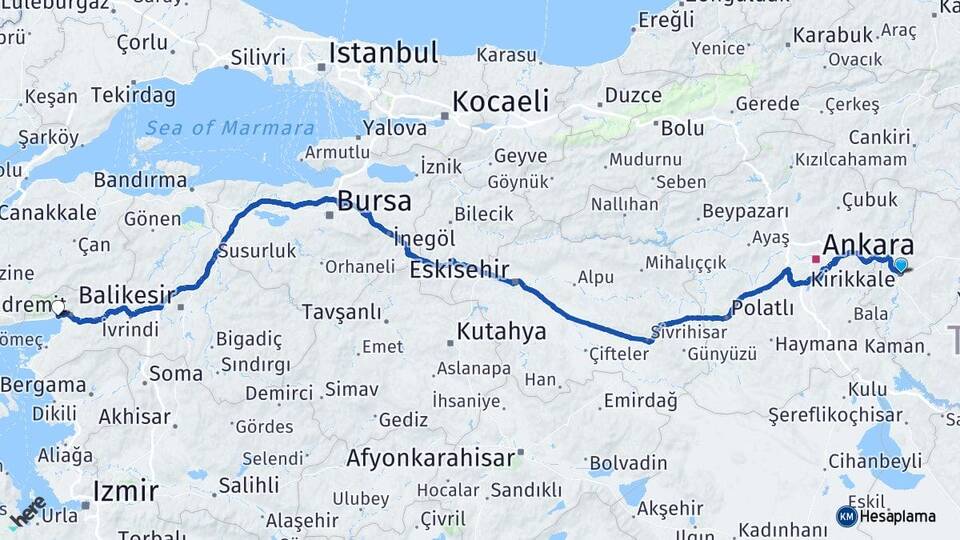 Kırıkkale Akçay Edremit Balıkesir Arası Kaç Km - Yol Haritası
