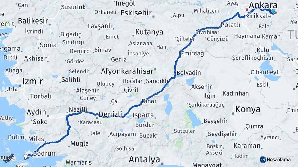 Kırıkkale Akyarlar Bodrum Muğla Arası Kaç Km - Yol Haritası