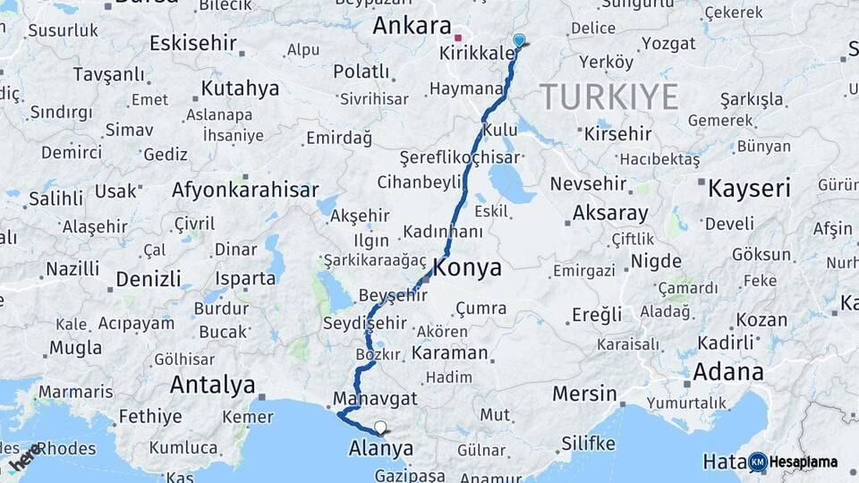 Kırıkkale Alanya Antalya Arası Kaç Km - Yol Haritası